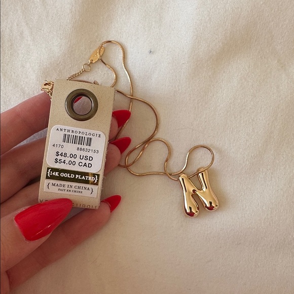 Anthropologie Gold Bubble Letter N Monogram Necklace - Picture 3 of 3
